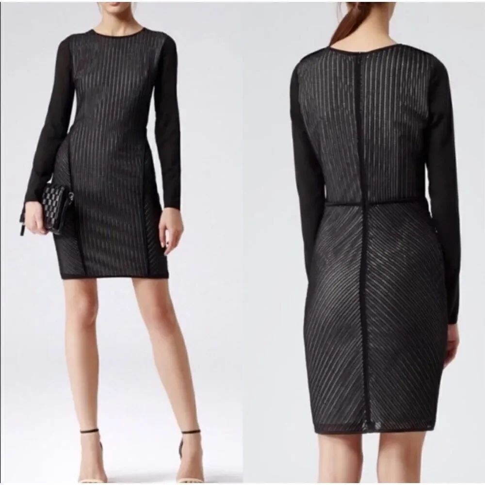 Reiss Chloe Lace Black Body Con Dress Sheer Sleeve size 8 excellent condition